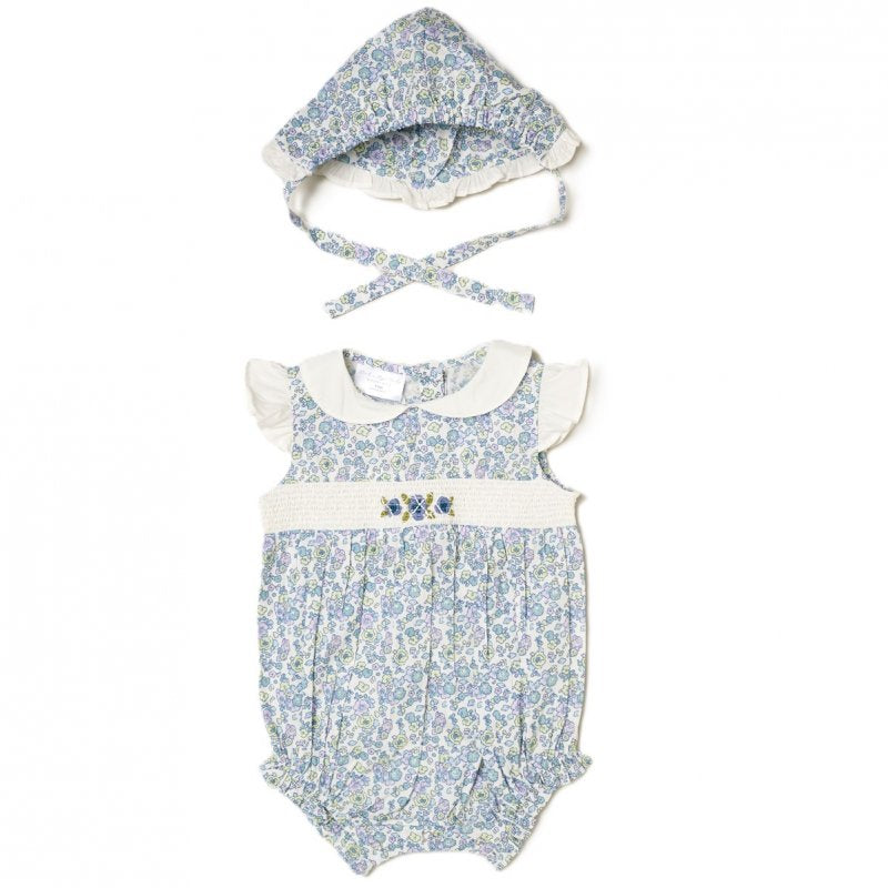 Blue Floral Romper and Bonnett