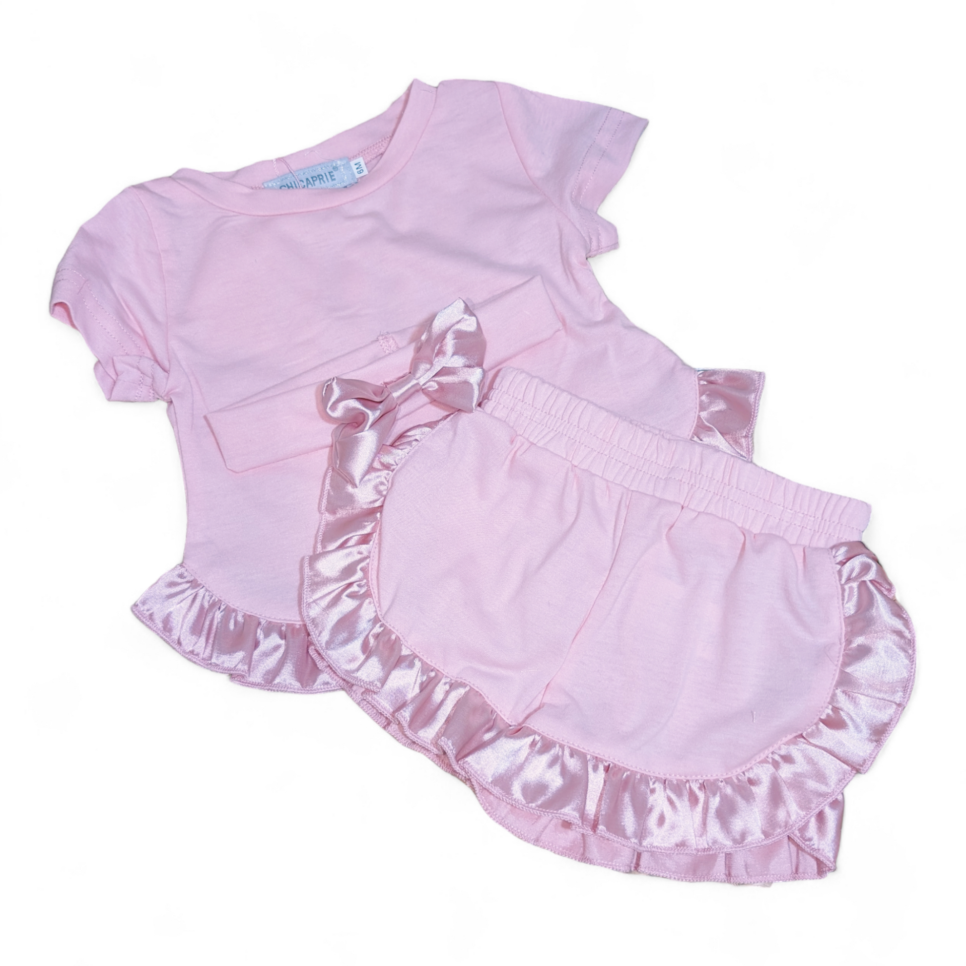 Pink Satin Trim Shorts Set and Headband